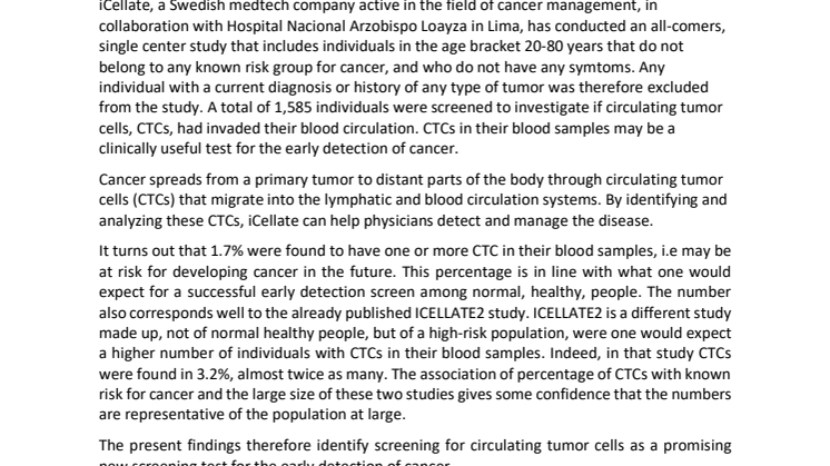 The early detection of cancer study (ICELLATE1) – published in the Journal of Integrative Oncology