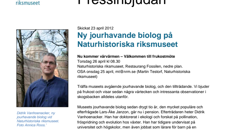 Ny jourhavande biolog på Naturhistoriska riksmuseet