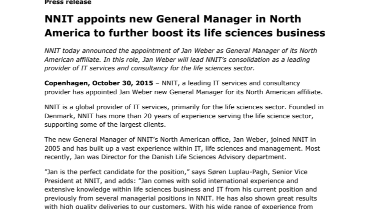 NNIT appoints new General Manager in North America to further boost its life sciences business