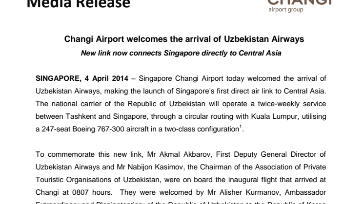 Changi Airport welcomes the arrival of Uzbekistan Airways