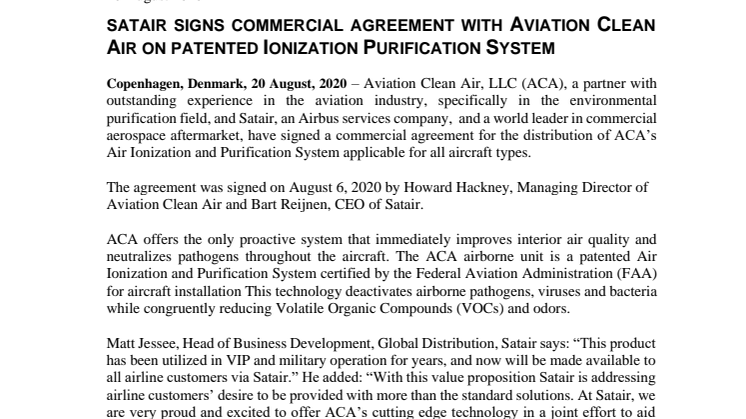 Satair signs commercial agreement with Aviation Clean Air on patented Ionization Purification System