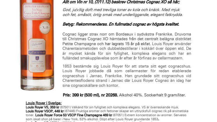 Årets officiella julcognac är utsedd - Christmas XO från Louis Royer  