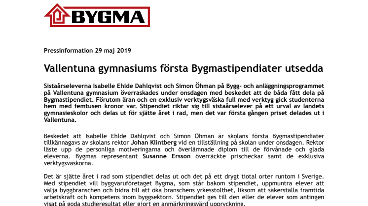 Vallentuna gymnasiums första Bygmastipendiater utsedda