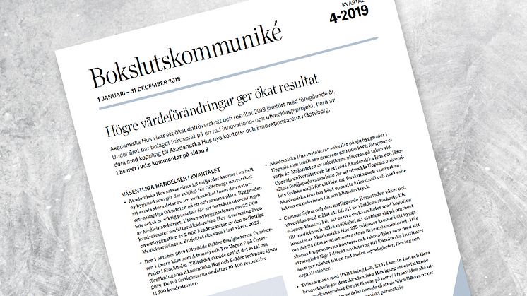 Bokslutskommunikén 2019: Högre värdeförändringar ger ökat resultat