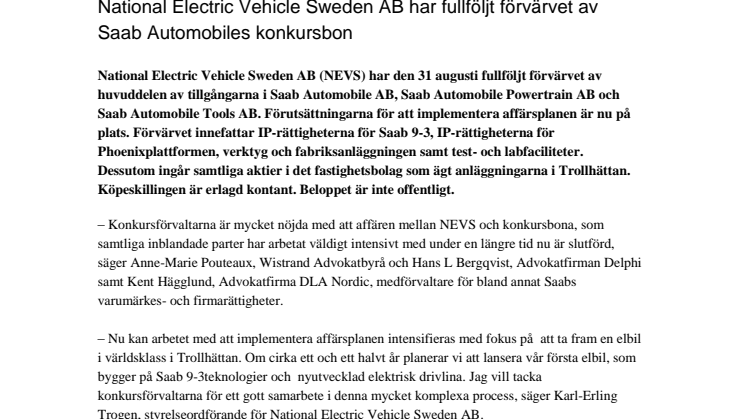 National Electric Vehicle Sweden AB har fullföljt förvärvet av Saab Automobiles konkursbon