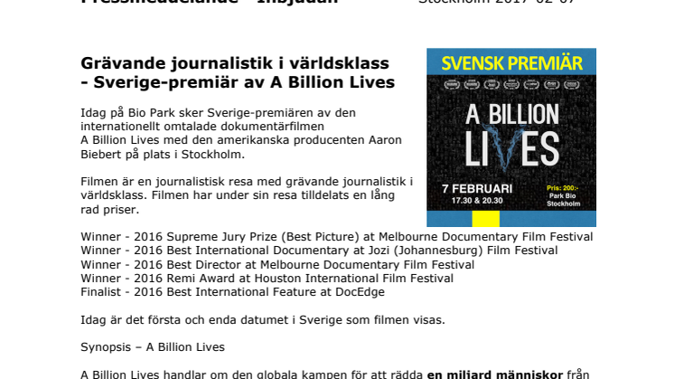 Grävande journalistik i världsklass  - Sverige-premiär av A Billion Lives 