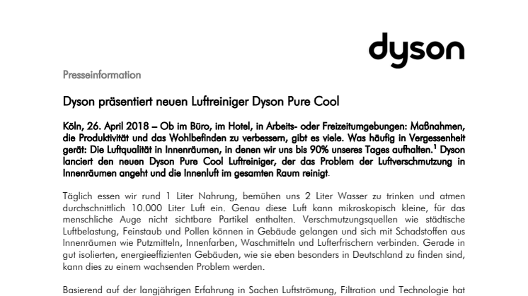 Dyson Pure Cool: Dyson präsentiert neuen Luftreiniger für reine Luft im gesamten Raum