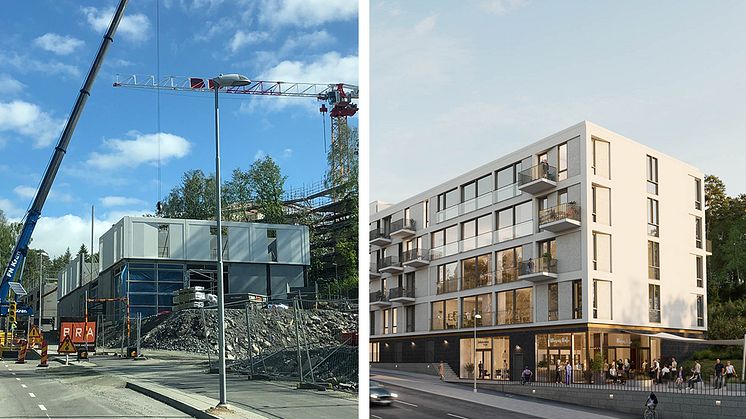 Pågående bygge till vänster, rendering till höger