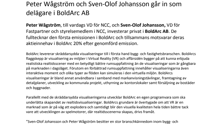 Peter Wågström och Sven-Olof Johansson går in som delägare i BoldArc AB
