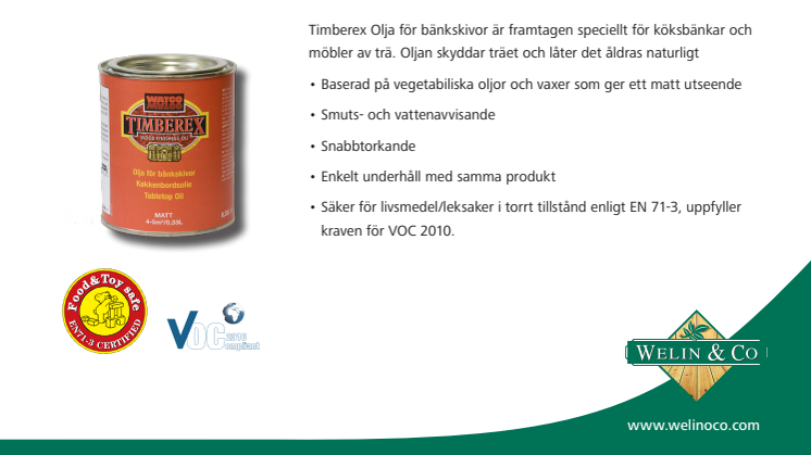 Timberex Olja för bänkskivor produktblad