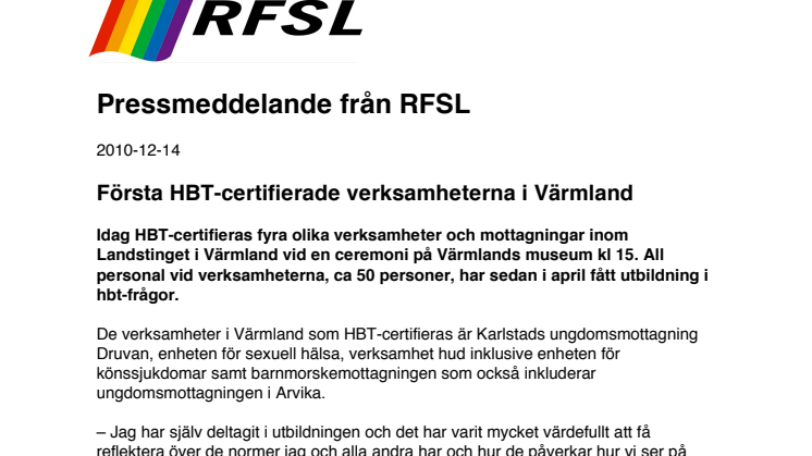 Första HBT-certifierade verksamheterna i Värmland