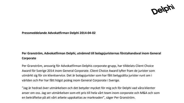 Per Granström, Advokatfirman Delphi, utnämnd till bolagsjuristernas förstahandsval inom General Corporate
