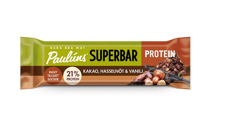 Paulúns Superbar Protein i smaken Kakao, Hasselnöt & vanilj