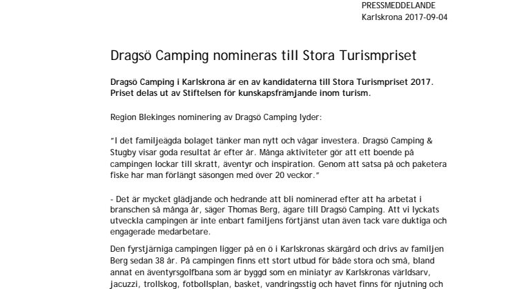 Dragsö Camping  i Karlskrona nomineras till Stora Turismpriset