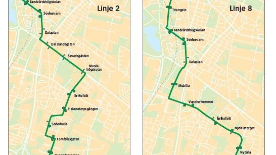 Karta linje 2 och 8 i Malmö från 11 december 2016