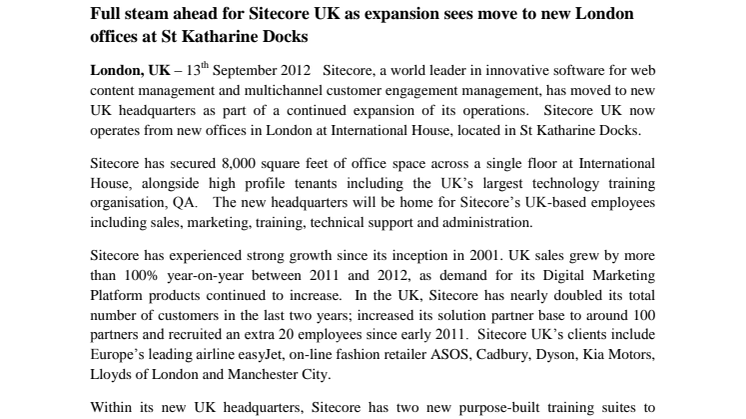 Full steam ahead for Sitecore UK as expansion sees move to new London offices at St Katharine Docks