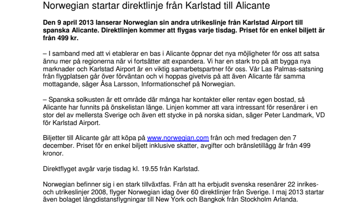 Norwegian startar direktlinje från Karlstad till Alicante