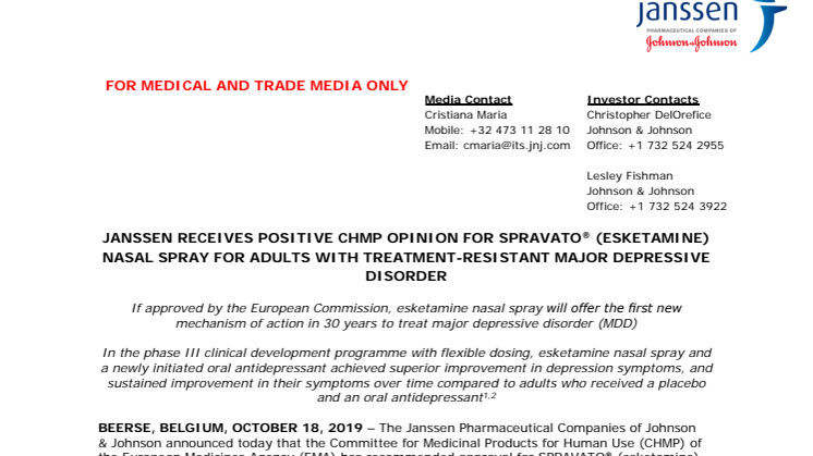 Janssen receives positive CHMP opinion for Spravato (esketamine) nasal spray for adults with treatment-resistant major depressive disorder