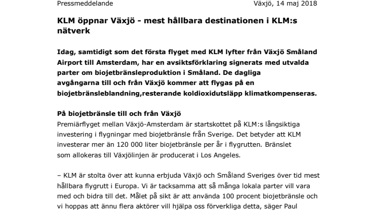 KLM öppnar Växjö - mest hållbara destinationen i KLM:s nätverk