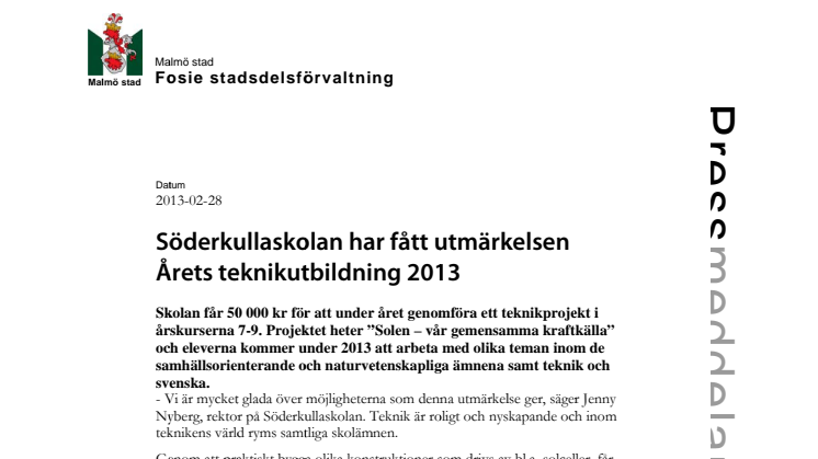 Söderkullaskolan har fått utmärkelsen Årets teknikutbildning 2013