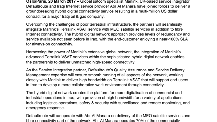 Marlink: Marlink to build unique hybrid digital network solution with local partners in Iraq to provide oil & gas companies with step-change Internet connectivity 