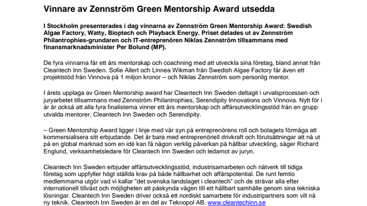 Vinnare av Zennström Green Mentorship Award utsedda