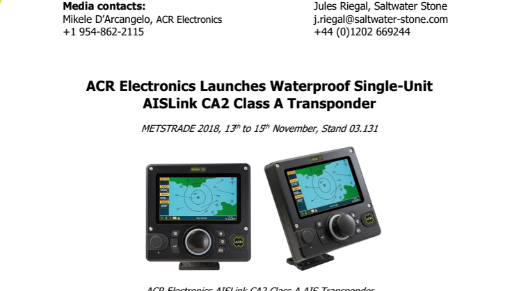 METSTRADE - ACR Electronics: ACR Electronics Launches Waterproof Single-Unit AISLink CA2 Class A Transponder