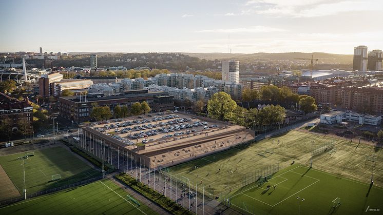 Visionsbild över nytt parkeringshus på Heden med plats för idrottsverksamhet, enklare försäljning och läktare. Bild: Göteborgs Stads Parkerings AB/ Kanozi.