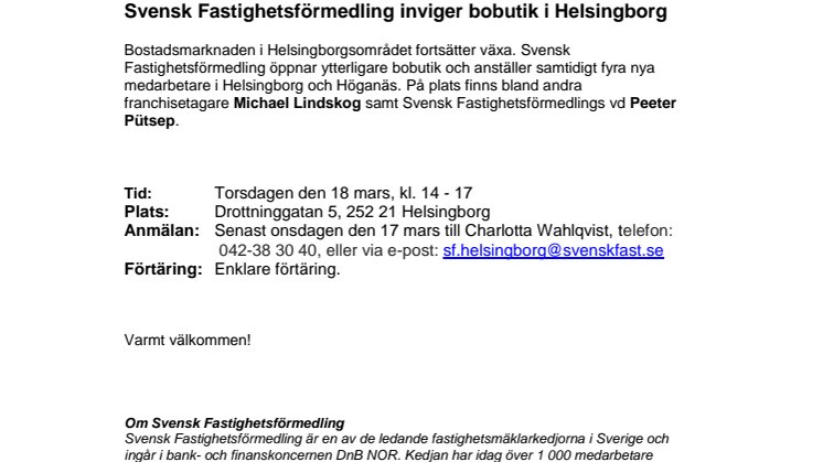 Pressinbjudan: Svensk Fastighetsförmedling inviger bobutik i Helsingborg 