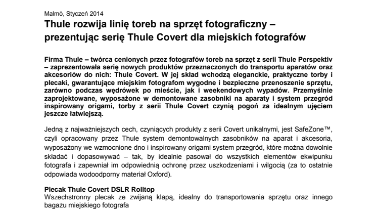 Thule rozwija linię toreb na sprzęt fotograficzny – prezentując serię Thule Covert dla miejskich fotografów
