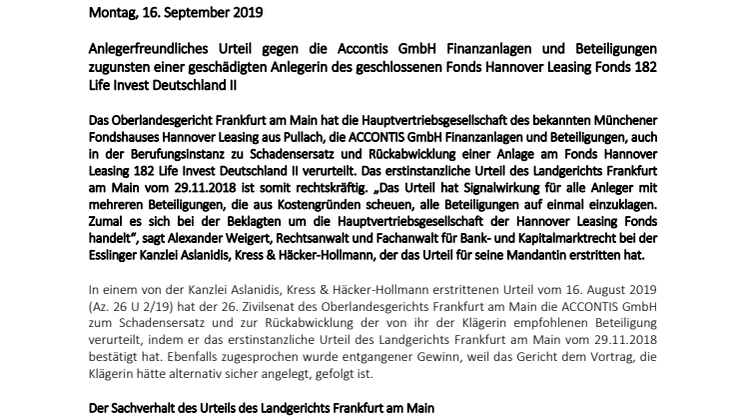 Anlegerfreundliches Urteil gegen die Accontis GmbH Finanzanlagen und Beteiligungen zugunsten einer geschädigten Anlegerin des geschlossenen Fonds Hannover Leasing Fonds 182 Life Invest Deutschland II 