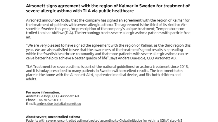 Airsonett signs agreement with the region of Kalmar in Sweden for treatment of severe allergic asthma with TLA via public healthcare