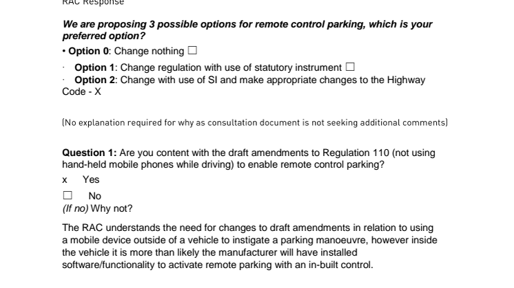 RAC response to the CCAV consultation on remote control parking and motorway assist