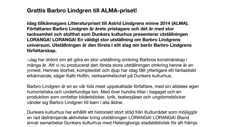 Barbro Lindgren vinner ALMA-priset och hennes universum visas på Dunkers