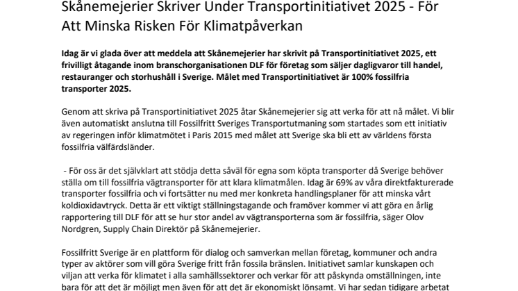 Skånemejerier Skriver Under Transportinitiativet 2025 - För Att Minska Risken För Klimatpåverkan