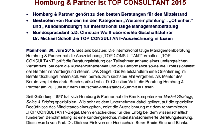 Pressemitteilung: Homburg & Partner ist TOP CONSULTANT 2015 