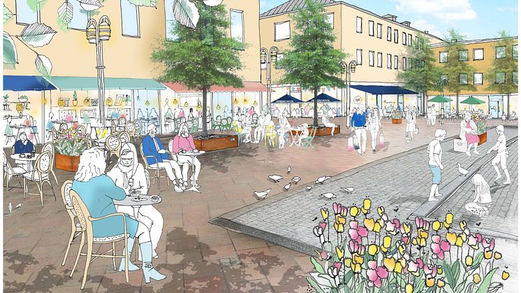 Härnösands centrum ska bli en levande mötesplats med bland annat gratis wi-fi och fler restauranger och kaféer. Illustration: ElinderSten Arkitekter