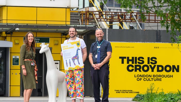 From left: Operations Manager at  Crisis Skylight Croydon, Tarron Pearson, artist, Aaron Bevan, and station manager, Paddy Hawksworth, show their excitement for the upcoming art trail