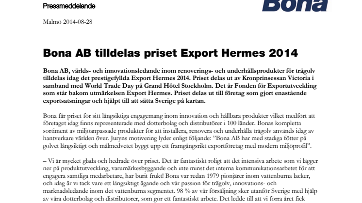 Bona AB tilldelas priset Export Hermes 2014
