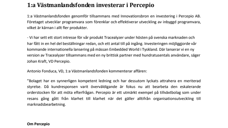 1:a Västmanlandsfonden investerar i Percepio