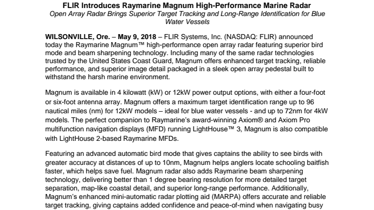 Raymarine: FLIR Introduces Raymarine Magnum High-Performance Marine Radar 