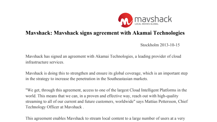 Mavshack signs agreement with Akamai Technologies