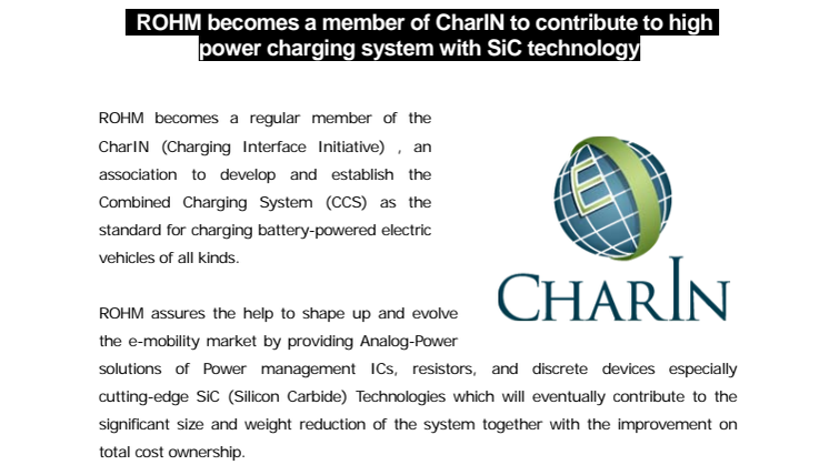 ROHM becomes a member of CharIN to contribute to high power charging system with SiC technology