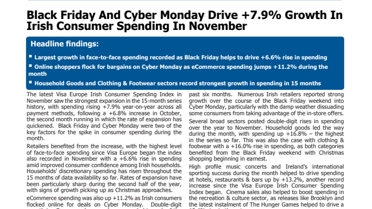  Visa Europe's Irish Consumer Spending Index - 9 December 2015