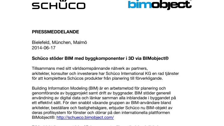 Schüco stöder BIM med byggkomponenter i 3D via BIMobject®