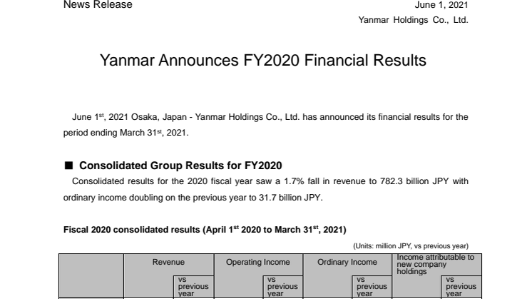 Yanmar Announces FY2020 Financial Results