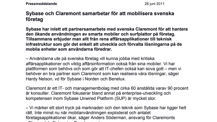 Sybase och Claremont samarbetar för att mobilisera svenska företag