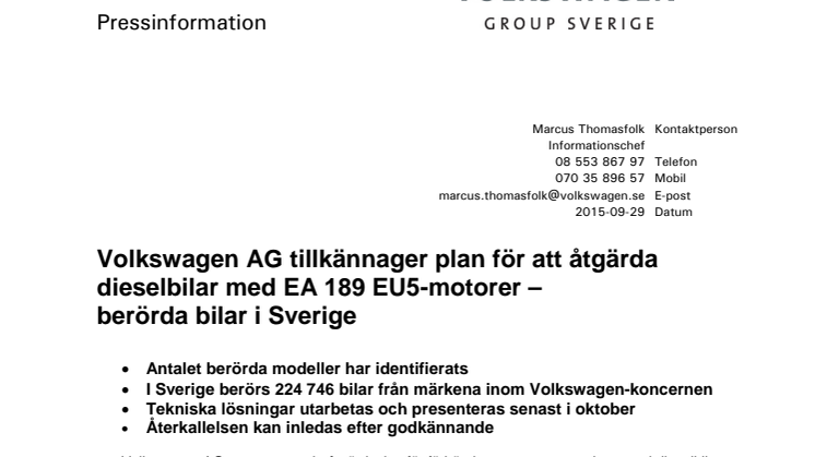 Volkswagen AG tillkännager plan för att åtgärda dieselbilar med EA 189 EU5-motorer – berörda bilar i Sverige