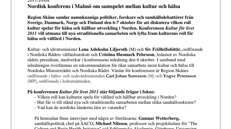 Pressinbjudan - Nordisk konferens i Malmö om samspelet mellan kultur och hälsa 