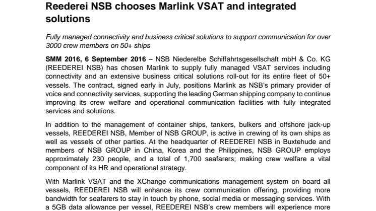 Marlink: ​Reederei NSB chooses Marlink VSAT and integrated solutions